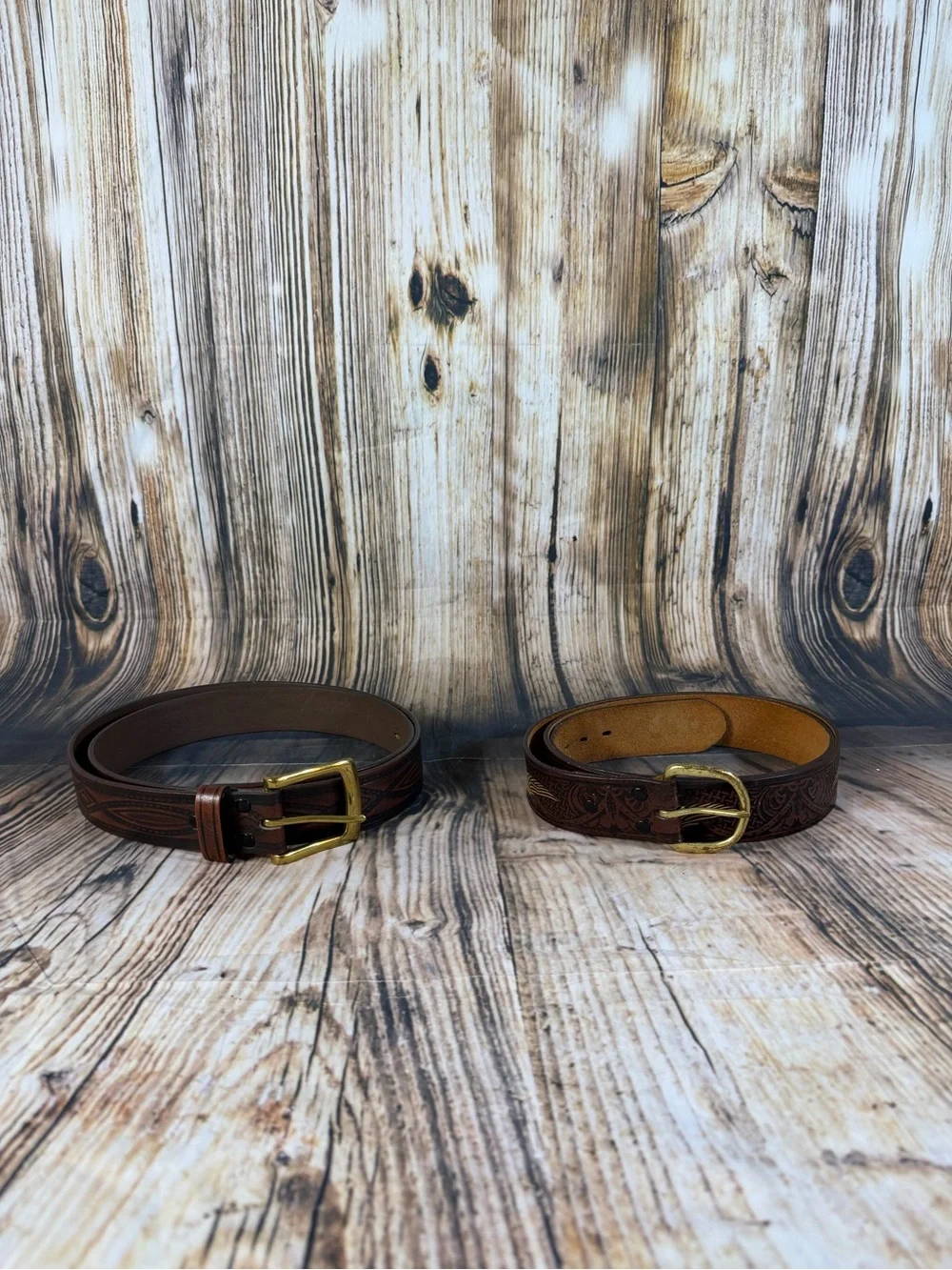Wrangler Mens Leather Belt Lot of 2 Tooled Eagle Celtic Sz 44 Brass Buckle Brown
